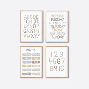 Gender Neutral Playroom Printable Posters, Alphabet Number Kindergarten Pre School Educational Prints, Toddler Days Of The Week Wall Art