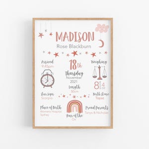 Birth Announcement Birth Stats Print Birth Details Wall Art Boho Neutral Baby Gift Neutral Nursery Decor New Parent Gift Christening Gift