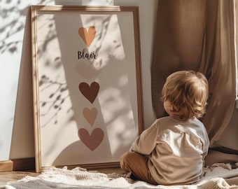 Boho Hearts Nursery Personalised Print Custom Love Heart Wall Art Toddler Girls Neutral Custom Name Heart Nursery Decor Boho Bedroom Decor