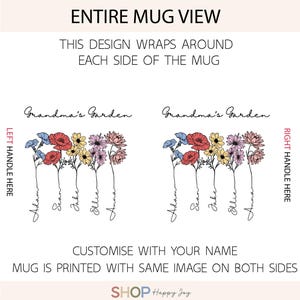 Pu&ograve; includere: Tazza bianca con un design floreale con papaveri rossi, fiori blu, margherite gialle e fiori rosa. Le parole "Grandma's Garden" sono sopra i fiori, con i nomi sotto. Il design avvolge la tazza.