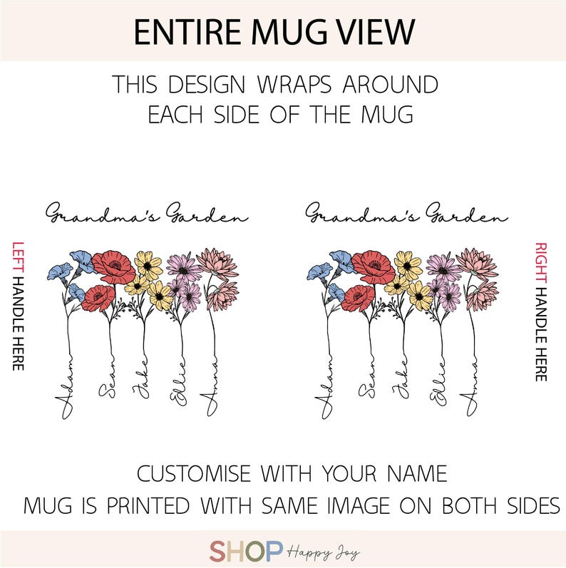 Pu&ograve; includere: Tazza bianca con un design floreale con papaveri rossi, fiori blu, margherite gialle e fiori rosa. Le parole "Grandma's Garden" sono sopra i fiori, con i nomi sotto. Il design avvolge la tazza.