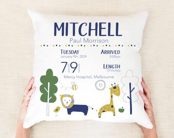 Birth Announcement Birth Stats Custom Pillow Baby Custom Cushion Jungle Nursery Decor Safari Nursery Decor Gift For New Parents Christening