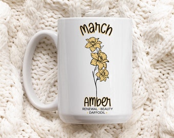 Birth Flower Mug Custom Daffodil March Customizable Mug Personalised Birth Month Flower Mug Pisces Aries Birthday Gift Best Friend Mug