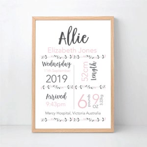 Fecha de nacimiento personalizada del bebé Imprimir anuncio de nacimiento Arte de la pared para los detalles del nacimiento de la nueva niña Imprimir regalo para los nuevos padres de la niña recién nacida