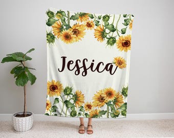 Sunflower Customizable Blanket Sunflower Nursery Sunflower Theme Bedroom Personalized Name Sunflower Blanket Baby Blanket Birthday Gifts