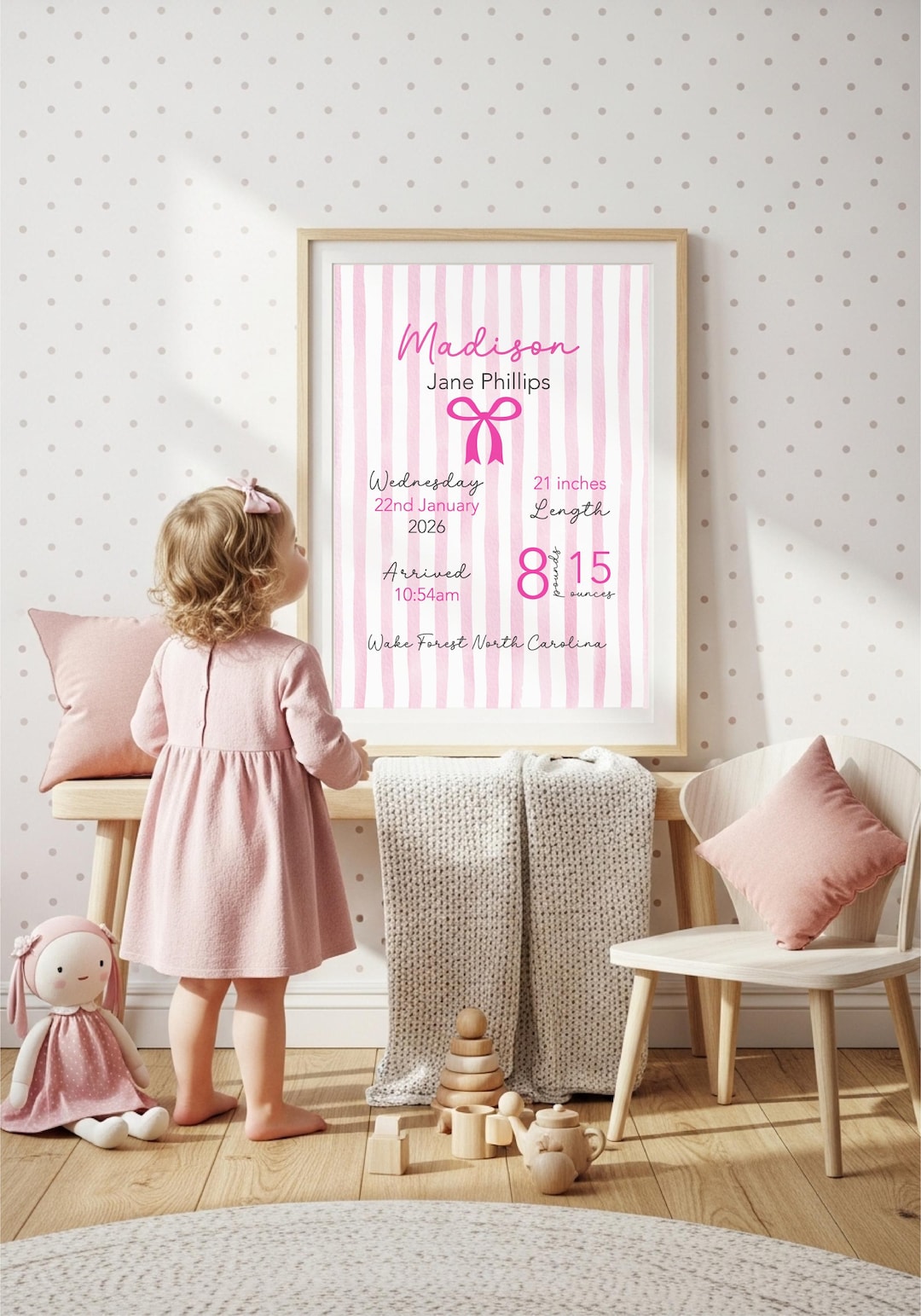 Girls Pink Bow Birth Announcement Print Personalised Coquette Pink ...