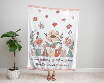 Grandma Blanket Personalised Retro Floral Customizable Blanket Great Grandma Gift Grandma Birthday Mothers Day Name Blanket Grandkids Names