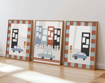 Láminas de coches de carreras para niños, decoración personalizada con temática de coches de carreras, póster de coche vintage, letrero con el nombre del bebé, decoración de deportes de motor, láminas para la habitación de un niño pequeño.