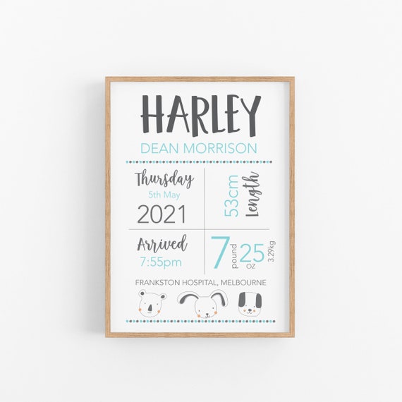 Birth Stats Poster Birth Announcement Print Animal Nursery Print Birth Details Print Blue Nursery Wall Art Decor New Parent Gift Christening