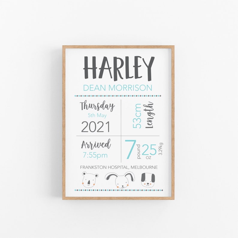 May include: A framed birth announcement print with the name "HARLEY" in large, dark gray letters. The print includes the baby's name, birth date, time, length (53cm), weight (7.25 pounds, 3.29 oz), and hospital location. The design features three animal illustrations.