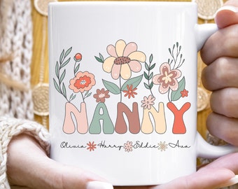 Nanny Mug With Grandkids Names, Personalised Nanny Mug, Custom Grandma Mug, Floral Name Mug, New Nanny Gift, Mothers Day Gift Wildflower Mug