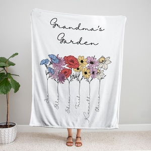 Personalised Grandma Blanket Custom Grandma&#39;s Garden Birth Flower Blanket Nana Blanket Great Grandma Grandkids Blanket Moms Garden Blanket
