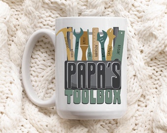 Personalised Papa Coffee Mug Custom Papa Mug Toolbox Handyman Grandpa Mug Fathers Day Gift From Kids Names Mug Craftsman Carpenter Builder