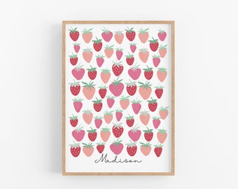 Strawberry Print, Personalised Girls Print, Cute Strawberry Decor, Strawberry Nursery, Strawberry Poster, Kawaii Strawberry, Strawberry Gift
