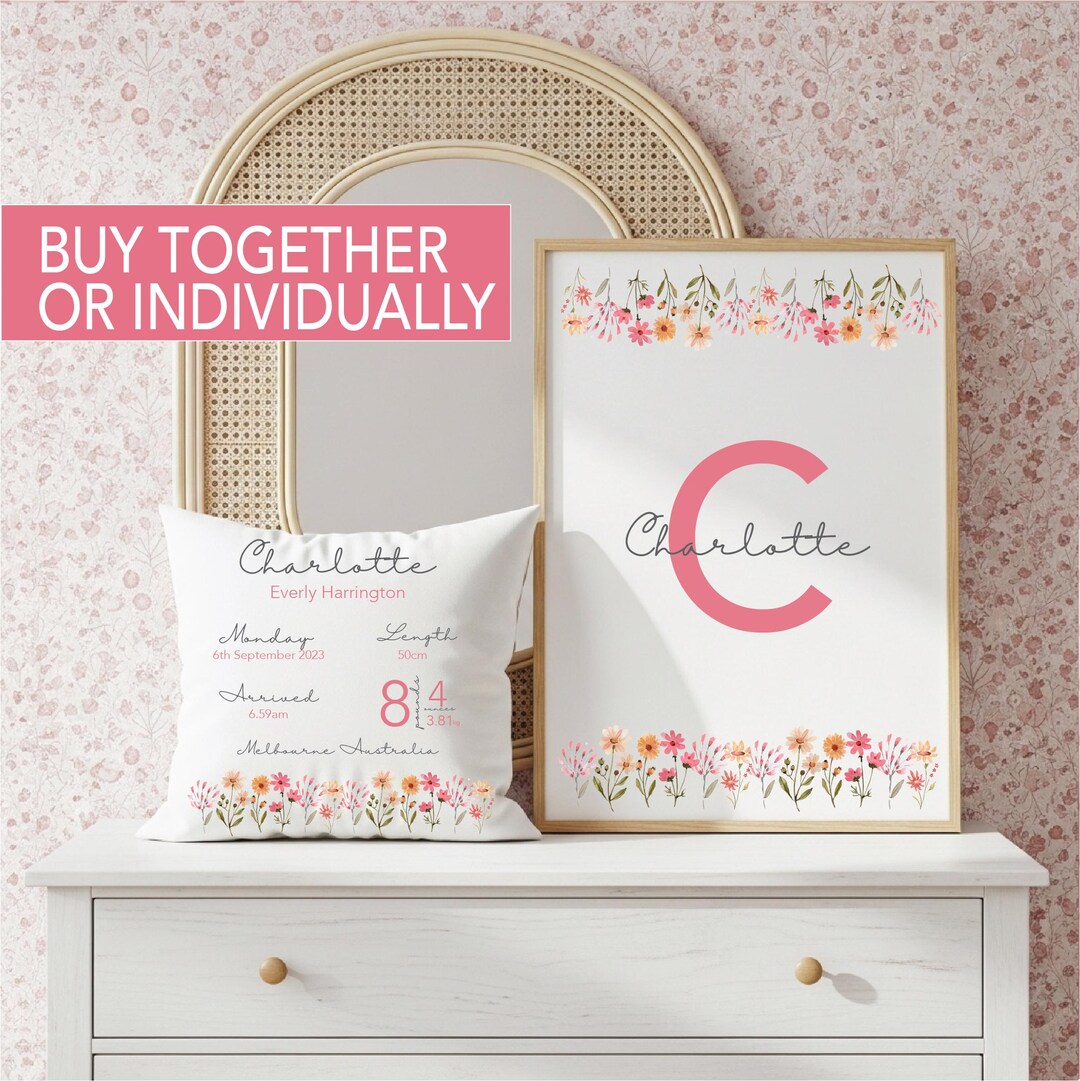 Baby Girl Birth Announcement Personalised Pillow Baby Name Print Floral ...