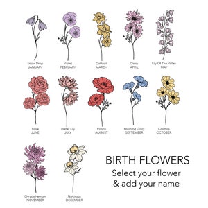 May include: A chart of birth flowers for each month of the year. The flowers are illustrated in black and white with a coloured outline. The text "BIRTH FLOWERS" is in black with a white outline. The text "Select your flower & add your name" is in black with a white outline.