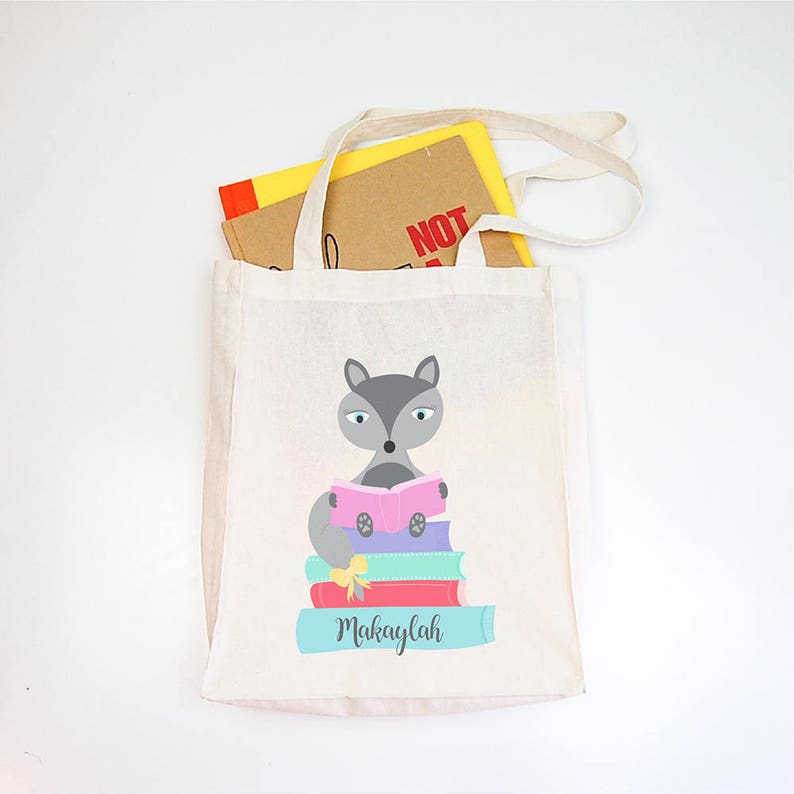 Girls fox personalised library tote bag