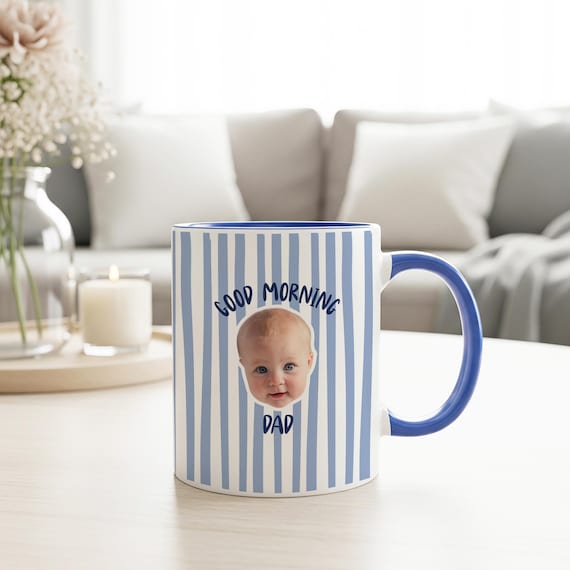 Personalised Baby Face Mug For New Dad Custom Photo Mug First Time Dad Gift Promoted To Dad Stripe Mug 1st Fathers Day Baby Picture Cup