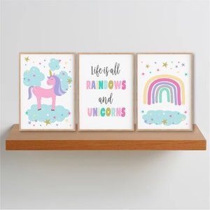 Girls Rainbow Unicorn Nursery Printable Toddler Unicorn Bedroom Poster Pastel Unicorn Bedroom Unicorn Baby Shower Unicorn Birthday Set of 3