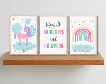 Girls Rainbow Unicorn Nursery Printable Toddler Unicorn Bedroom Poster Pastel Unicorn Bedroom Unicorn Baby Shower Unicorn Birthday Set of 3