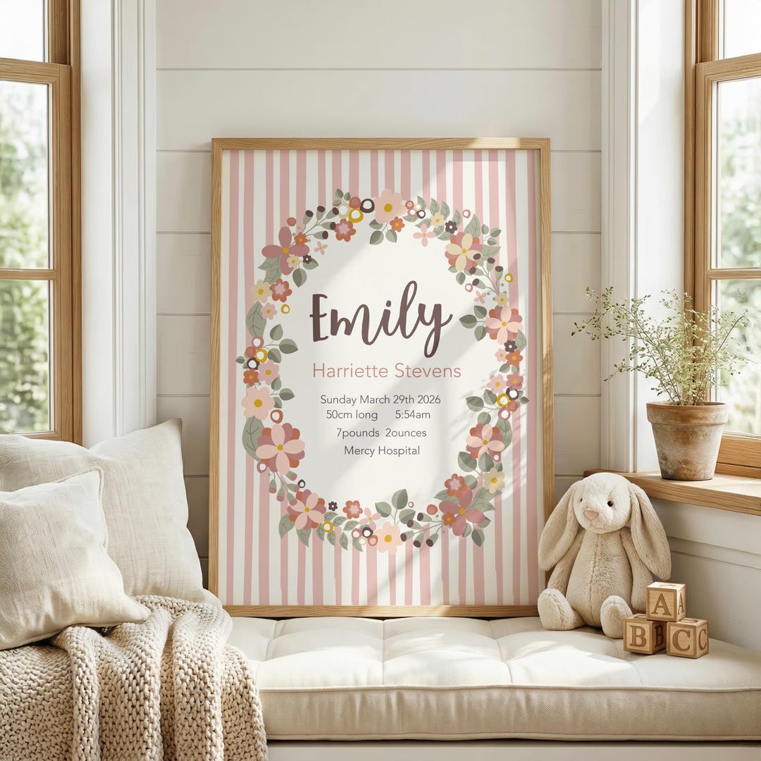 Personalised Birth Stat Print Baby Announcement Name Sign Floral Custom ...