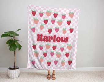 Retro Strawberry Checkered Customizable Blanket Custom Daughter Blanket Aesthetic Blanket Strawberry Bedding Toddler Girl Cute Throw Blanket