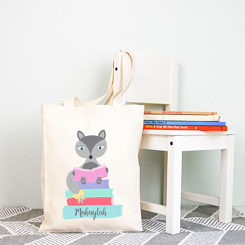 Girls fox personalised library tote bag
