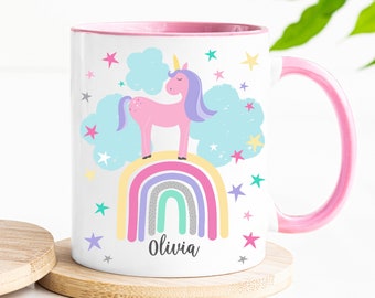 Pastel Unicorn Personalised Girls Mug, Custom Rainbow Unicorn Name Hot Chocolate Mug, Unicorn Birthday Mug, Customizable Kids Hot Cocoa Mug