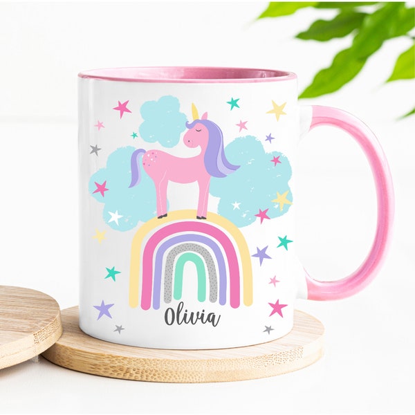 Pastel Unicorn Personalised Girls Mug, Custom Rainbow Unicorn Name Hot Chocolate Mug, Unicorn Birthday Mug, Customizable Kids Hot Cocoa Mug