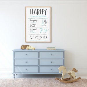 May include: A framed print with the name "HARLEY" at the top, followed by birth details. The print includes the baby's name, birth date, time, length (53cm), and weight (7.25 pounds). The bottom features three cartoon animal faces. The frame is wood.