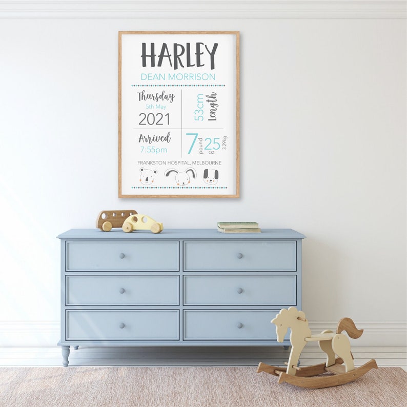 May include: A framed print with the name "HARLEY" at the top, followed by birth details. The print includes the baby's name, birth date, time, length (53cm), and weight (7.25 pounds). The bottom features three cartoon animal faces. The frame is wood.