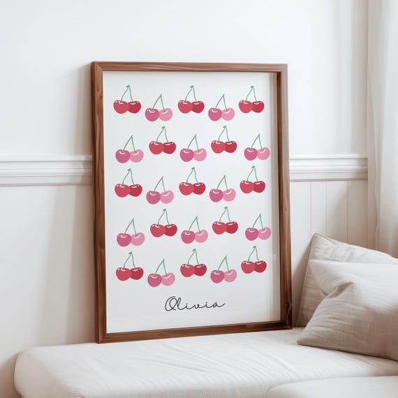 Personalised Cherry Print Custom Baby Name Cherry Poster Coquette Cherry Nursery Wall Art Cherries Poster Cherry Poster Gift For New Parents