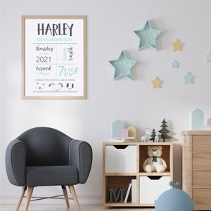 May include: A framed nursery print with the name "HARLEY" in large letters. The print includes details like birth date, time, length (53cm), and weight (7 lbs 2 oz). The room features a gray armchair, star-shaped wall decor, and a wooden storage unit.