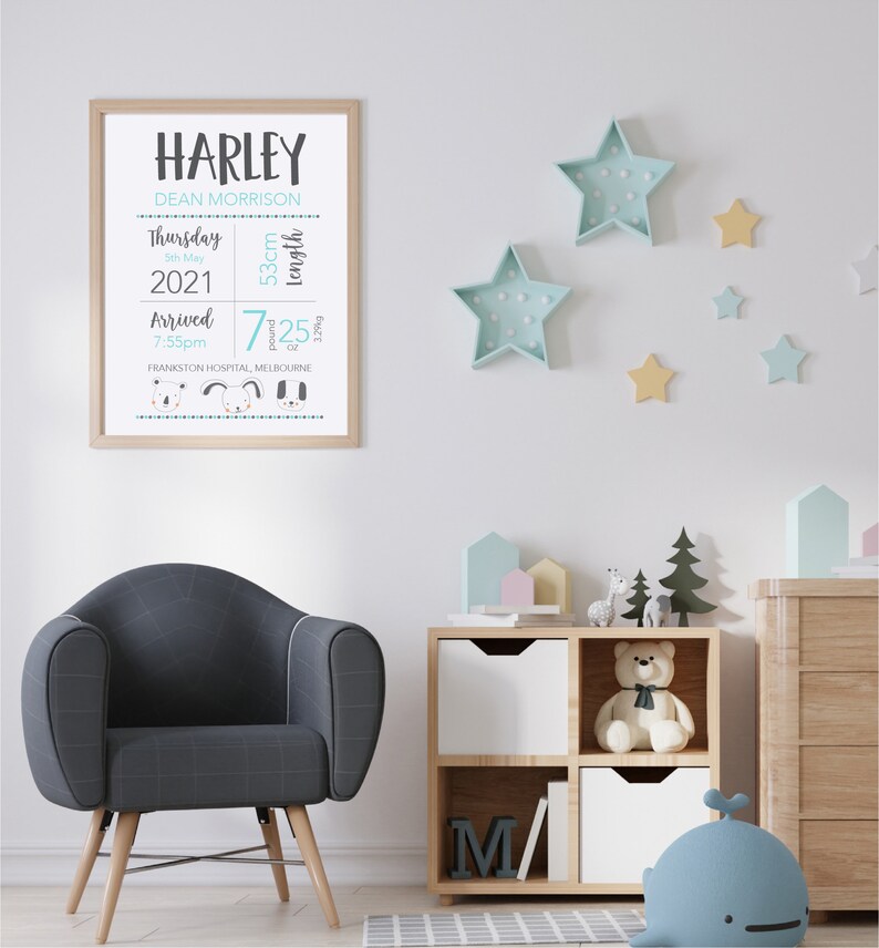 May include: A framed nursery print with the name "HARLEY" in large letters. The print includes details like birth date, time, length (53cm), and weight (7 lbs 2 oz). The room features a gray armchair, star-shaped wall decor, and a wooden storage unit.