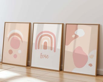 Girls Personalised Name Print Boho Rainbow Custom Name Wall Art Blush Pink Rainbow Print Set of 3 Natural Earthy Nursery Wall Art Posters
