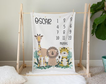 Jungle Safari Baby Milestone Animal Safari Blanket For Boys Monthly Growth Tracker Custom Boho Jungle Nursery Baby Shower New Baby Gift