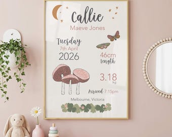 Anuncio de nacimiento personalizado para niñas con estampado de setas, póster con estadísticas de nacimiento y decoración de habitación infantil con estampado de setas, regalo de mariposa para padres primerizos.