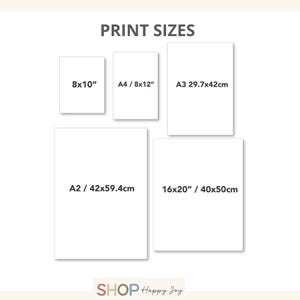 May include: Image showing various print sizes: 8x10 inches, A4/8x12 inches, A3 29.7x42cm, A2/42x59.4cm, and 16x20 inches / 40x50cm. The text "PRINT SIZES" is at the top. The shop name "SHOP Happy Joy" is at the bottom.