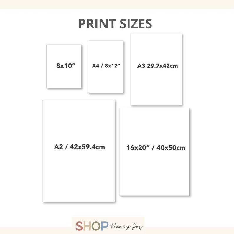 May include: Image showing various print sizes: 8x10 inches, A4/8x12 inches, A3 29.7x42cm, A2/42x59.4cm, and 16x20 inches / 40x50cm. The text "PRINT SIZES" is at the top. The shop name "SHOP Happy Joy" is at the bottom.
