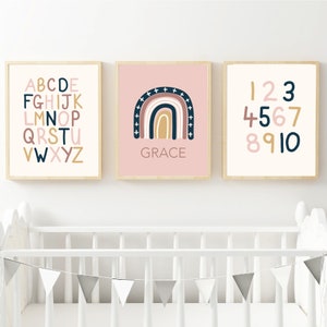 Rainbow Print, Alphabet Print, Numbers Print, Girls Nursery Decor, Girls Name Art, Playroom Prints, Personalised Prints, Pink Navy Nursery