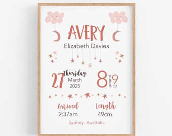 Personalised Baby Birth Stat Print Birth Announcement Star Moon Nursery Baby Birth Details Terracotta Nursery Wall Art Gift For New Parents