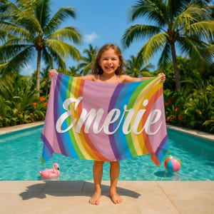 Custom Name Kids Beach Towel Girl Rainbow Design Soft Pool Towel Teen Gift Cute Vacation Towel Birthday Surprise Personalized Summer Towel