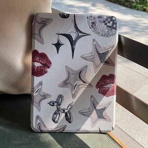 Trendy Disco Ball & Star Kindle Case with Red Lips Balloon Dog | Y2K Aesthetic Protective Cover for Kobo, Unique Gift