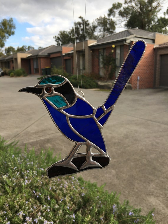 Delicate Life Size BLUE FAIRY WREN Stained Glass Suncatcher Bird Watcher & Lover 