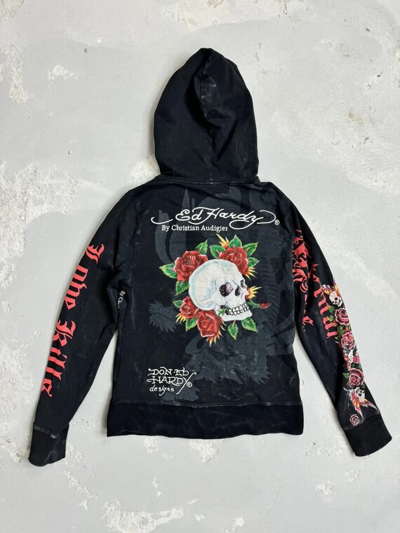 Vintage Ed Hardy Women s Rhinestones Skull Hoodie Womens Size S Etsy
