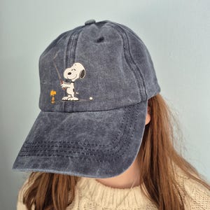 Washed Denim Baseball Hat – Snoopy & Woodstock Golf Cartoon – Adjustable Adult Cap