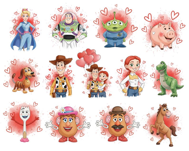 May include: A collection of colorful illustrations of characters from the Toy Story franchise, including Woody, Buzz Lightyear, and others. Each character is surrounded by red hearts on a white background, creating a playful and romantic theme.