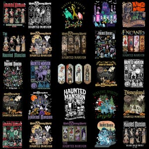 May include: A collection of graphic designs featuring "The Haunted Mansion" theme, with various illustrations and text elements. The designs include characters, spooky scenes, and the Walt Disney World logo, all set against a black background.