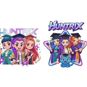 May include: Two illustrations of graduating students with the text "HUNTRIX". The first image shows three students with diplomas, wearing graduation caps and gowns. The second image shows three students and a blue cat, inside a star-shaped frame.