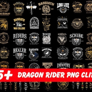 Op de afbeelding: Een verzameling van 65+ Dragon Rider PNG clipart-afbeeldingen. De ontwerpen bevatten verschillende wapenschilden, emblemen en illustraties met tekstelementen zoals "Basgiath", "War College" en "Dragon Rider", in goud en wit op een zwarte achtergrond.